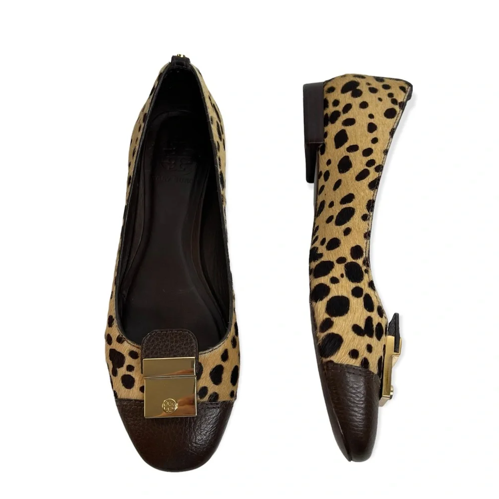 Tory Burch Priscilla Ballet Hair Calf Tumbled Leather Flat Cheetah Coconut Sz 8